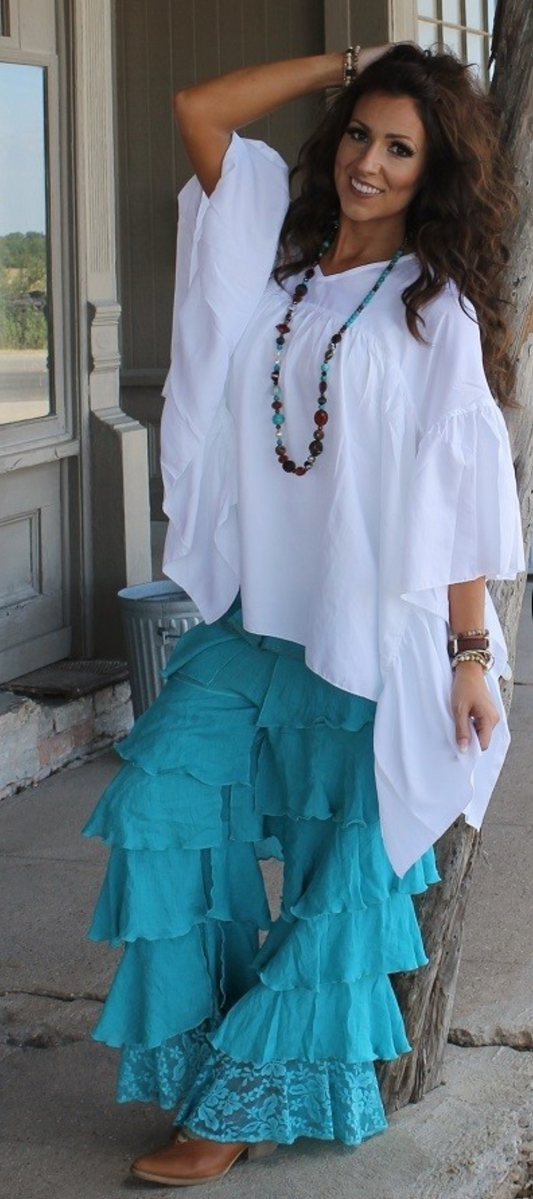 Boho Gypsy Teal Ruffle Tiered Lace Hem Pants