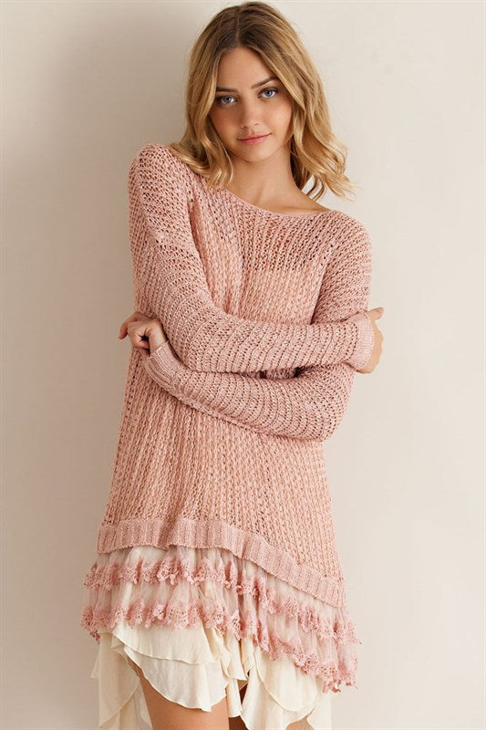 Traveling Waffle Lace & Ruffles Mauve Sweater