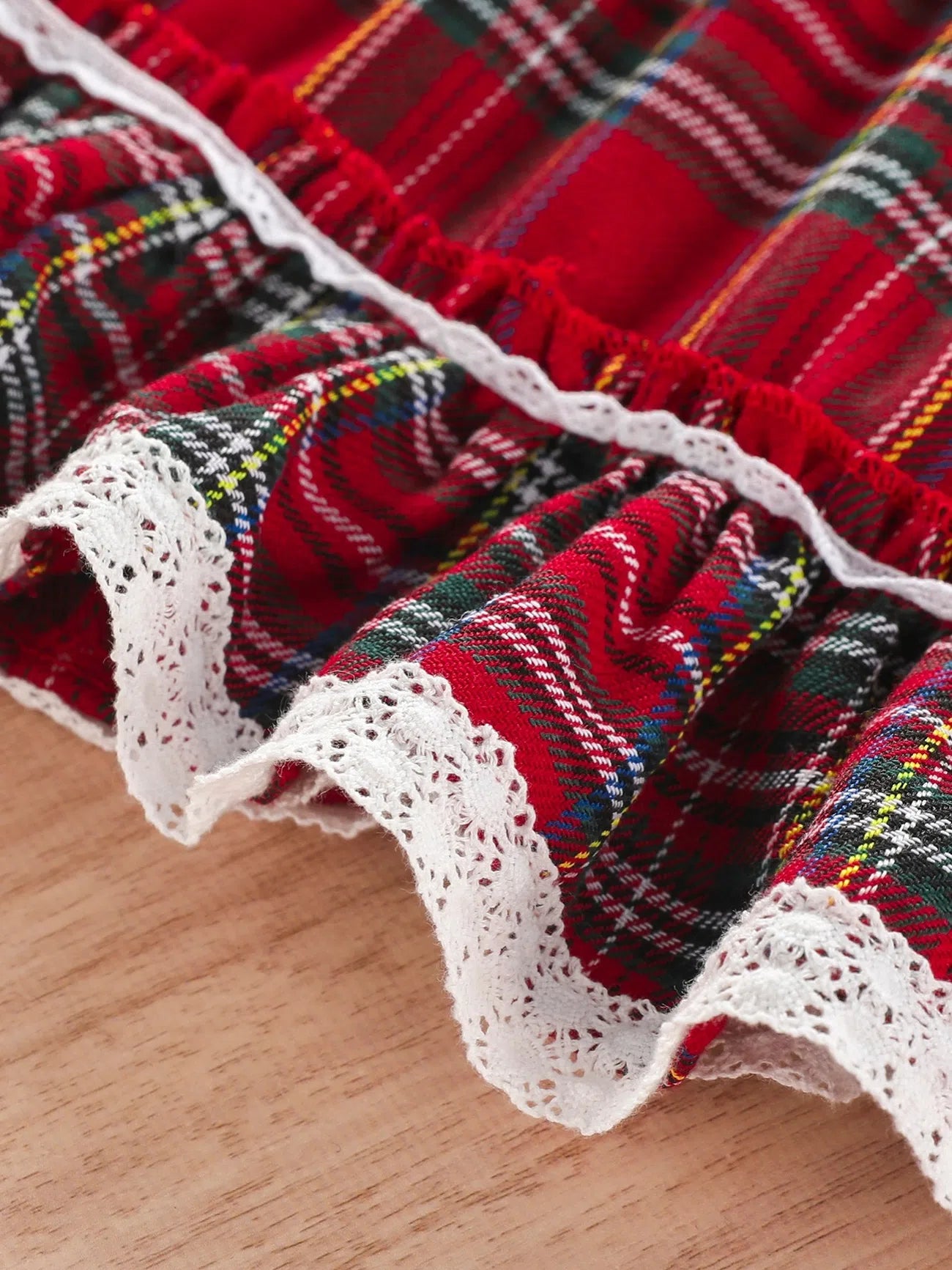 Red Vintage Plaid Ruffle Lace Girls Dress