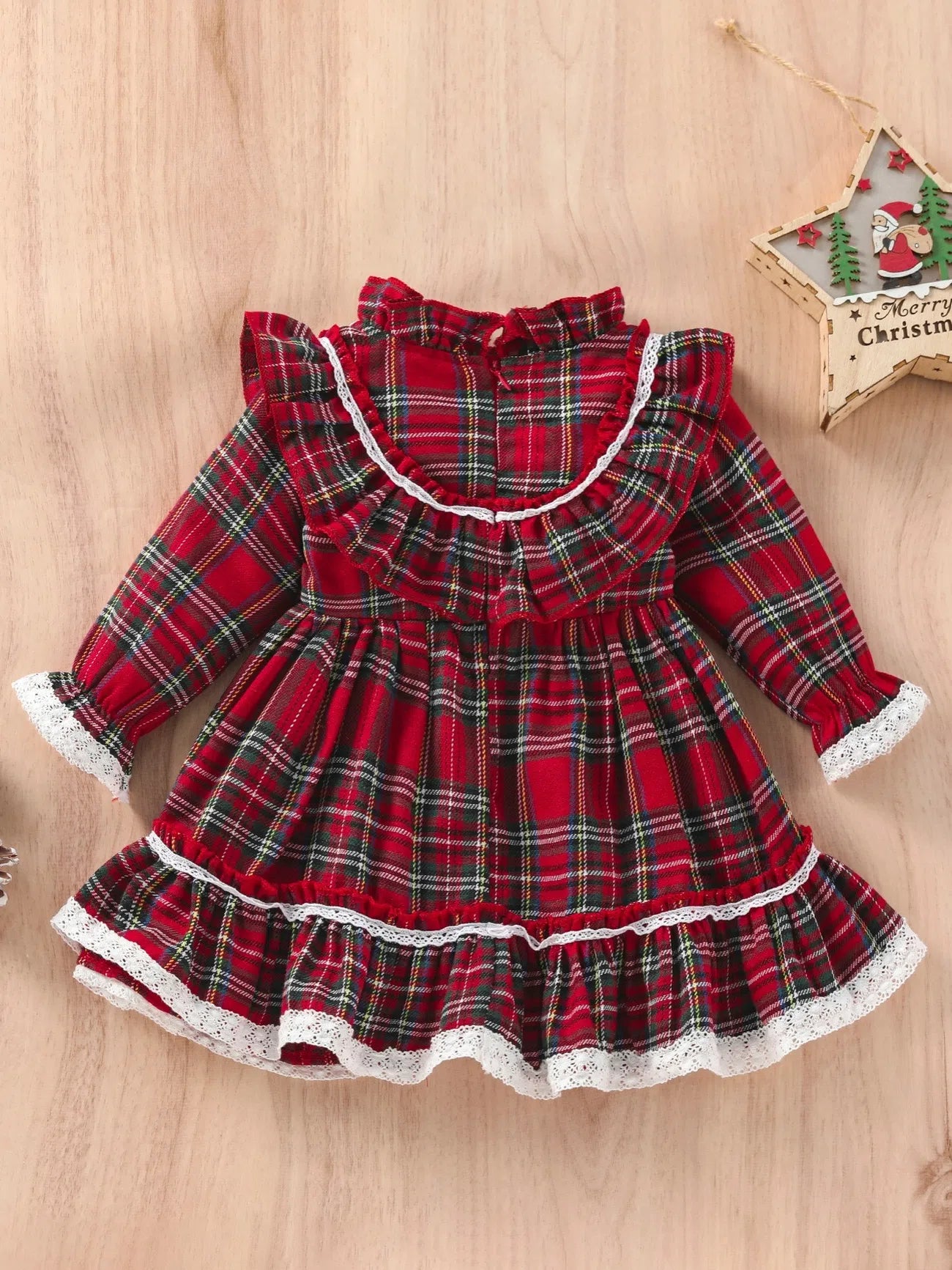 Red Vintage Plaid Ruffle Lace Girls Dress