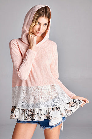 Weekender Lace Tiered Floral Ruffle Peach Terry Hoodie
