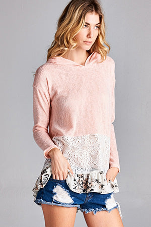 Weekender Lace Tiered Floral Ruffle Peach Terry Hoodie