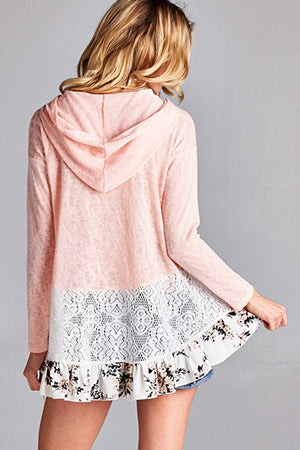 Weekender Lace Tiered Floral Ruffle Peach Terry Hoodie