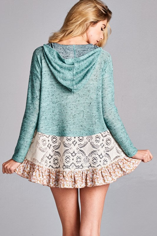 Weekender Lace Tiered Floral Ruffle Sage Terry Hoodie