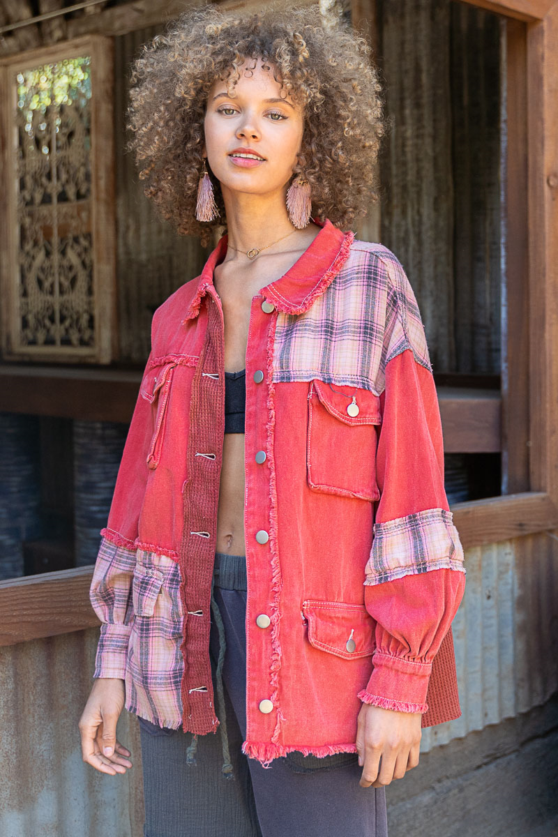 Ruby Rebel Vintage Oversized Plaid Denim Jacket