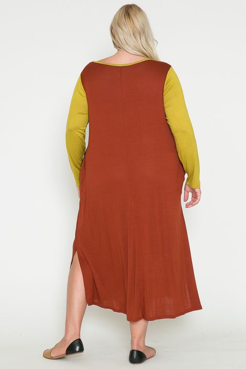 Earth Tone Color Block Floral Plus Dress