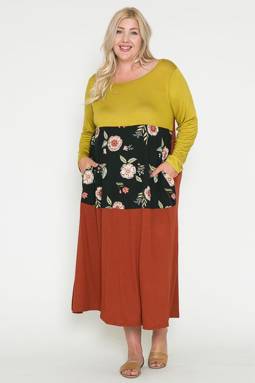 Earth Tone Color Block Floral Plus Dress