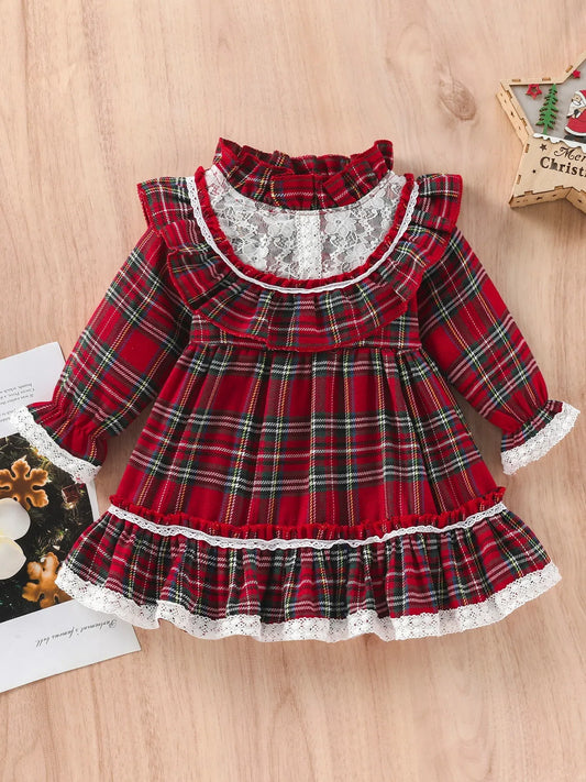 Red Vintage Plaid Ruffle Lace Girls Dress