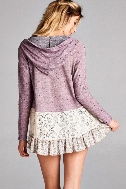 Weekender Lace Tiered Floral Ruffle Mauve Terry Hoodie