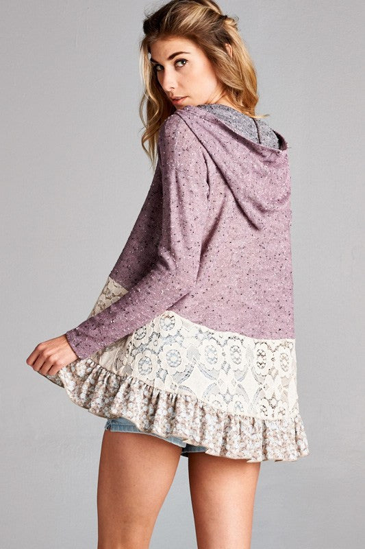 Weekender Lace Tiered Floral Ruffle Mauve Terry Hoodie